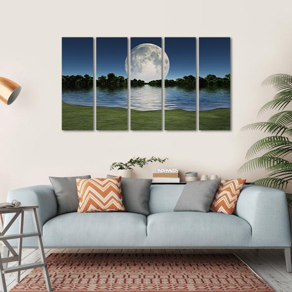 Moon Rise Over Lake Canvas Wall Art-5 Horizontal-Gallery Wrap-22" x 12"-Tiaracle