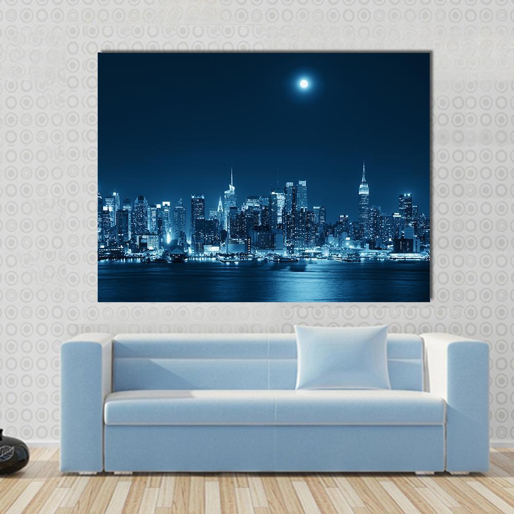 Moon Rise Over Manhattan Canvas Wall Art-1 Piece-Gallery Wrap-48" x 32"-Tiaracle