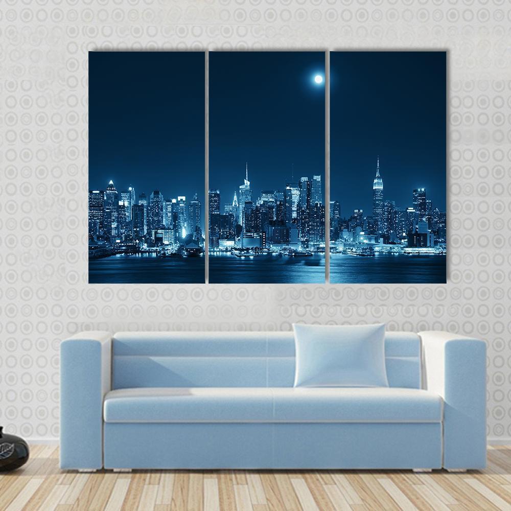Moon Rise Over Manhattan Canvas Wall Art-3 Horizontal-Gallery Wrap-37" x 24"-Tiaracle