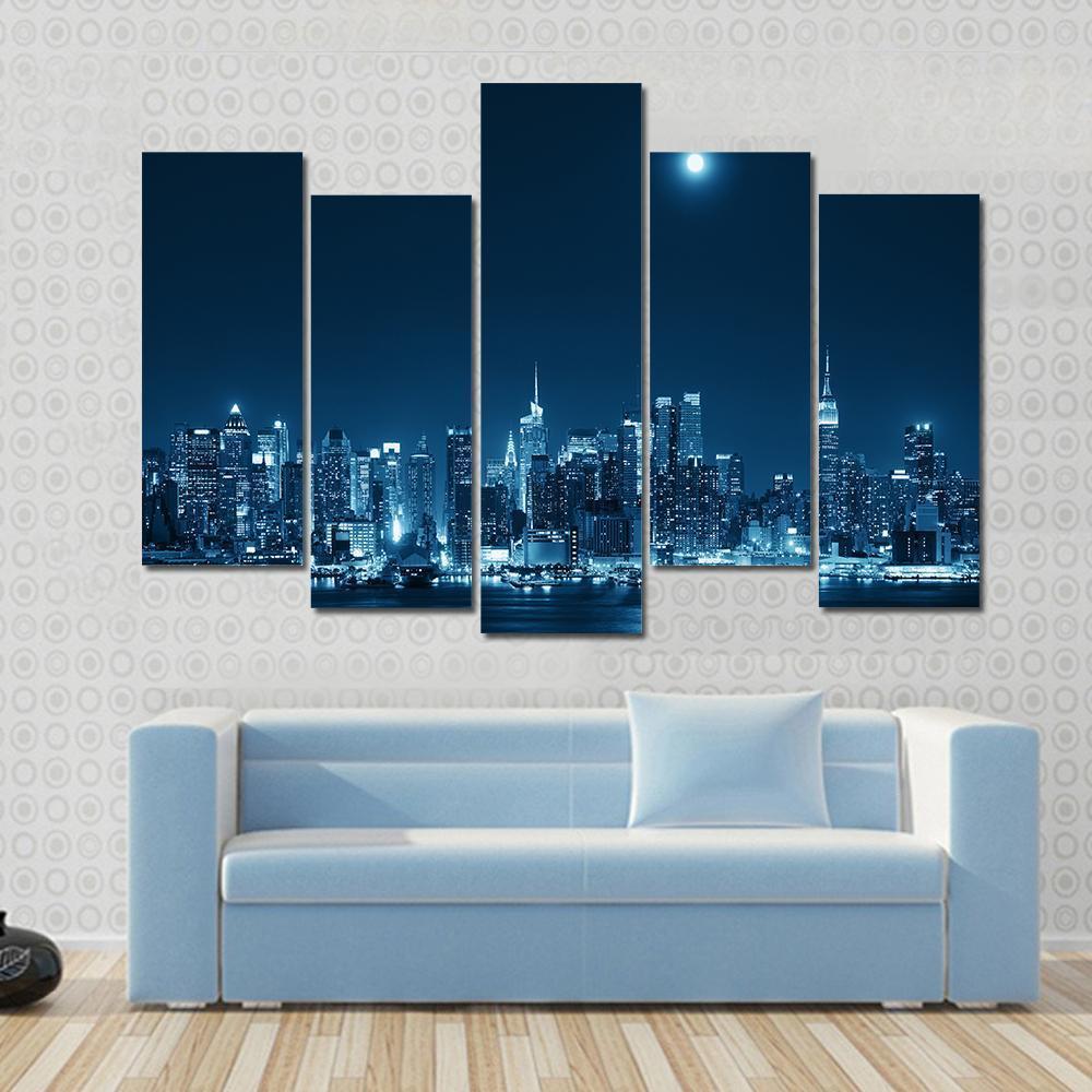 Moon Rise Over Manhattan Canvas Wall Art-5 Pop-Gallery Wrap-47" x 32"-Tiaracle