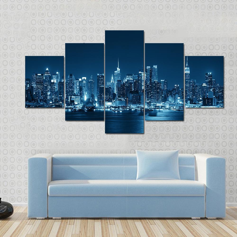 Moon Rise Over Manhattan Canvas Wall Art-1 Piece-Gallery Wrap-48" x 32"-Tiaracle