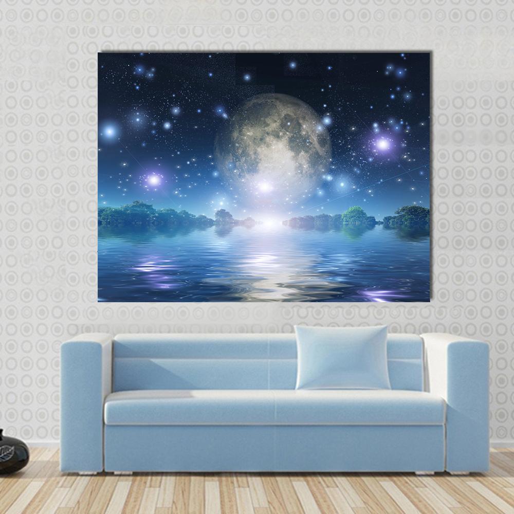 Moon Rise Over Water Canvas Wall Art in black, blue and purple, single panel hung on a wall