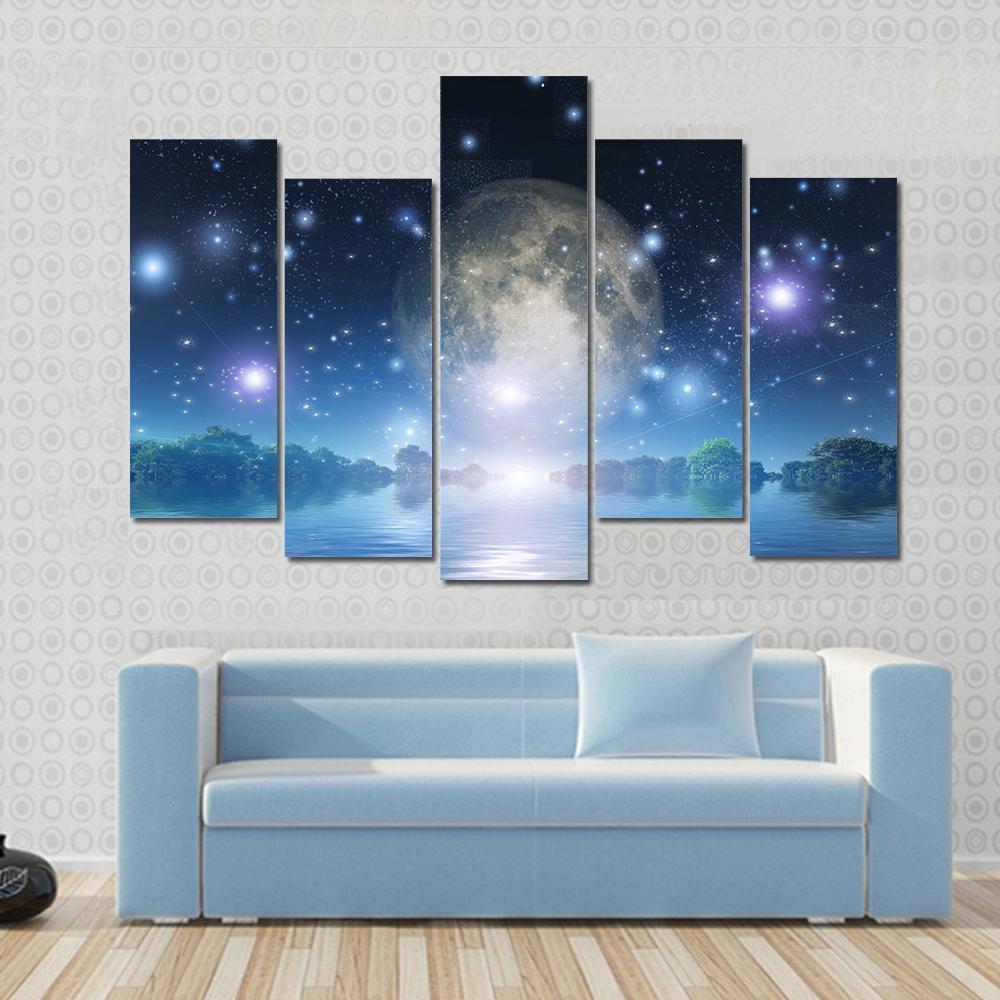 Moon Rise Over Water Canvas Wall Art-5 Pop-Gallery Wrap-47" x 32"-Tiaracle
