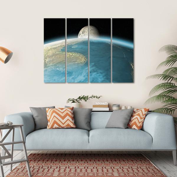 Moon Rising Over Earth Canvas Wall Art-4 Horizontal-Gallery Wrap-34" x 24"-Tiaracle