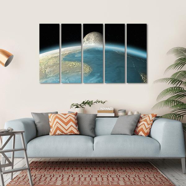 Moon Rising Over Earth Canvas Wall Art-5 Horizontal-Gallery Wrap-22" x 12"-Tiaracle