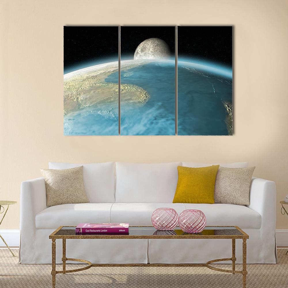 Moon Rising Over Earth Canvas Wall Art-3 Horizontal-Gallery Wrap-37" x 24"-Tiaracle