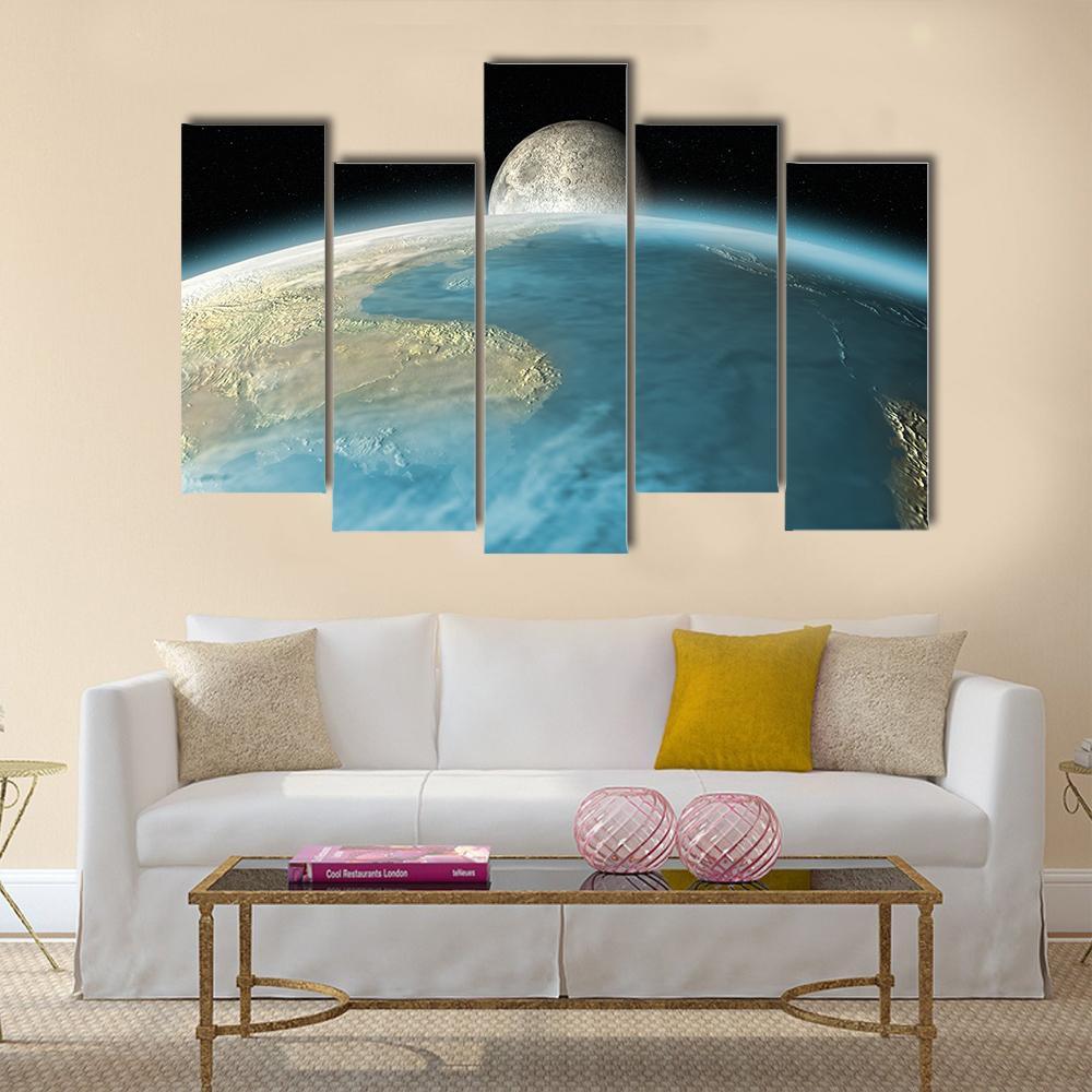 Moon Rising Over Earth Canvas Wall Art-5 Pop-Gallery Wrap-47" x 32"-Tiaracle