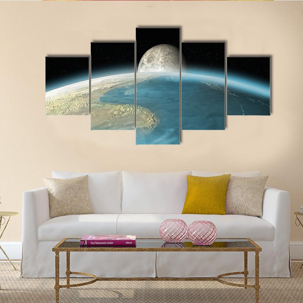 Moon Rising Over Earth Canvas Wall Art-5 Star-Gallery Wrap-62" x 32"-Tiaracle