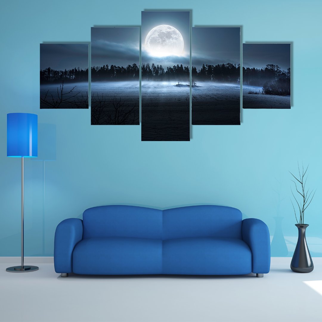 Moon Rising Over Forest Canvas Wall Art-5 Pop-Gallery Wrap-47" x 32"-Tiaracle
