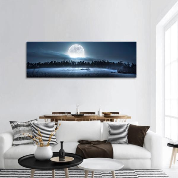 Moon Rising Over Forest Panoramic Canvas Wall Art-3 Piece-25" x 08"-Tiaracle