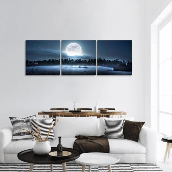 Moon Rising Over Forest Panoramic Canvas Wall Art-3 Piece-25" x 08"-Tiaracle