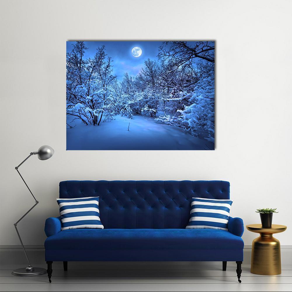 Moon Light In Winter Forest Canvas Wall Art-4 Horizontal-Gallery Wrap-34" x 24"-Tiaracle
