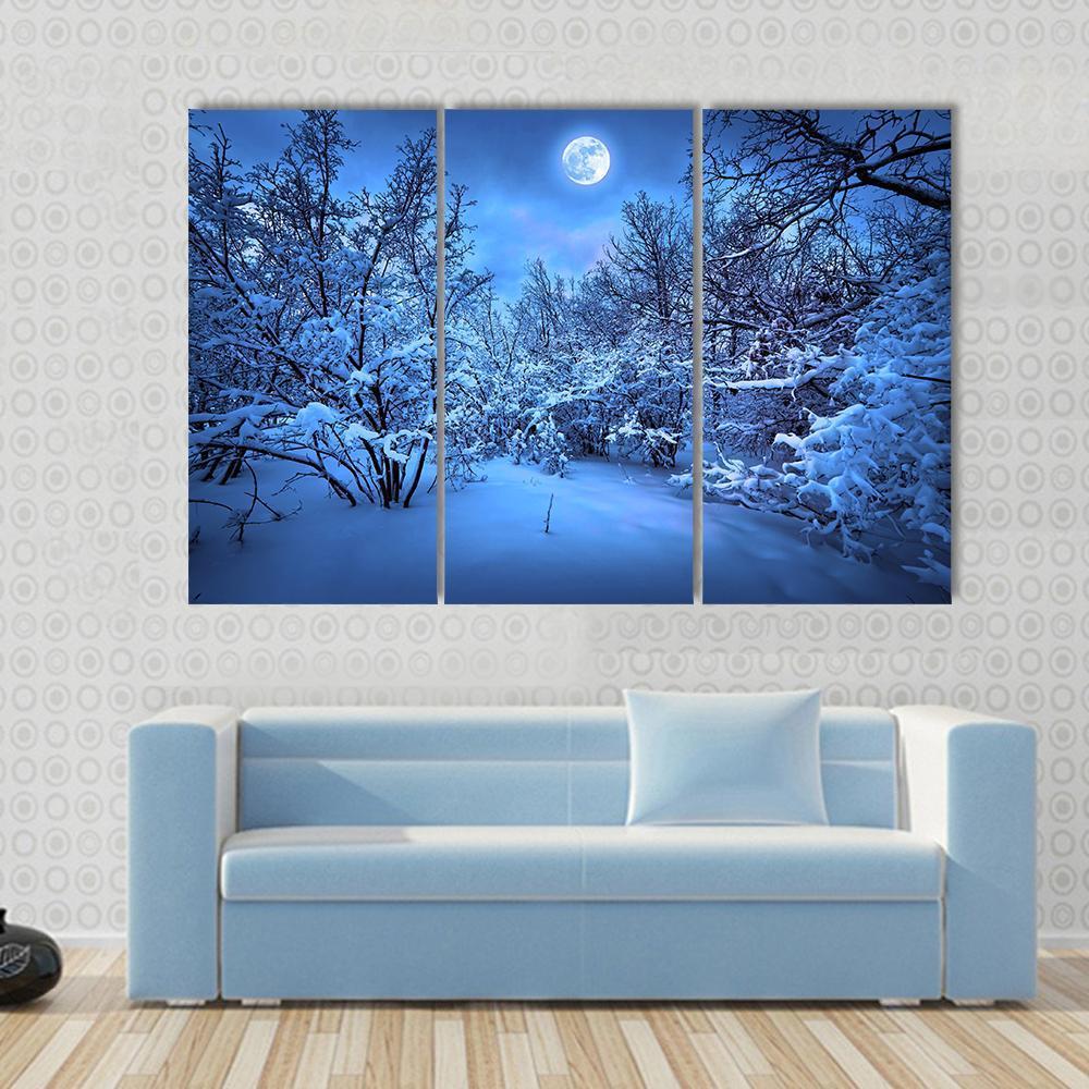 Moon Light In Winter Forest Canvas Wall Art-5 Pop-Gallery Wrap-47" x 32"-Tiaracle