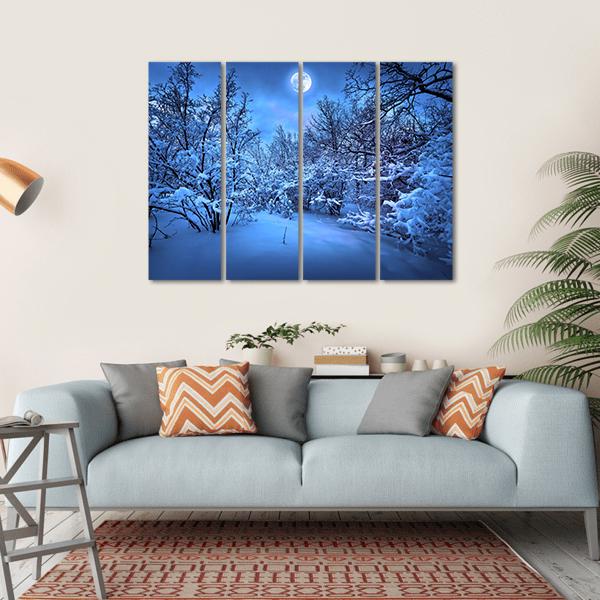 Moon Light In Winter Forest Canvas Wall Art-4 Horizontal-Gallery Wrap-34" x 24"-Tiaracle