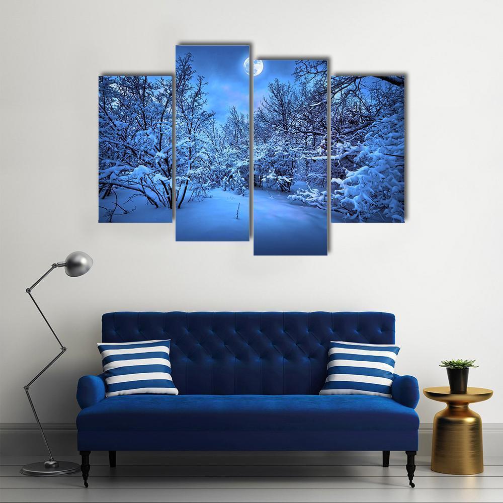 Moon Light In Winter Forest Canvas Wall Art-4 Pop-Gallery Wrap-50" x 32"-Tiaracle