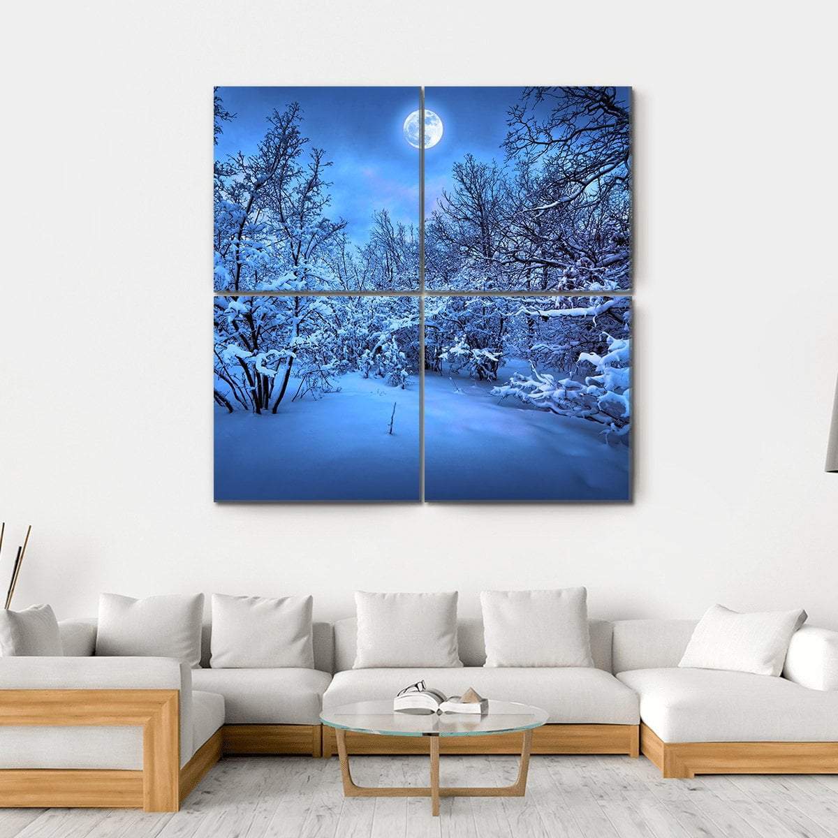 Moon Light In Winter Forest Canvas Wall Art-4 Square-Gallery Wrap-17" x 17"-Tiaracle