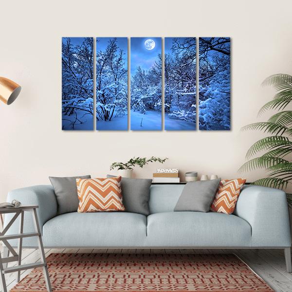 Moon Light In Winter Forest Canvas Wall Art-5 Horizontal-Gallery Wrap-22" x 12"-Tiaracle