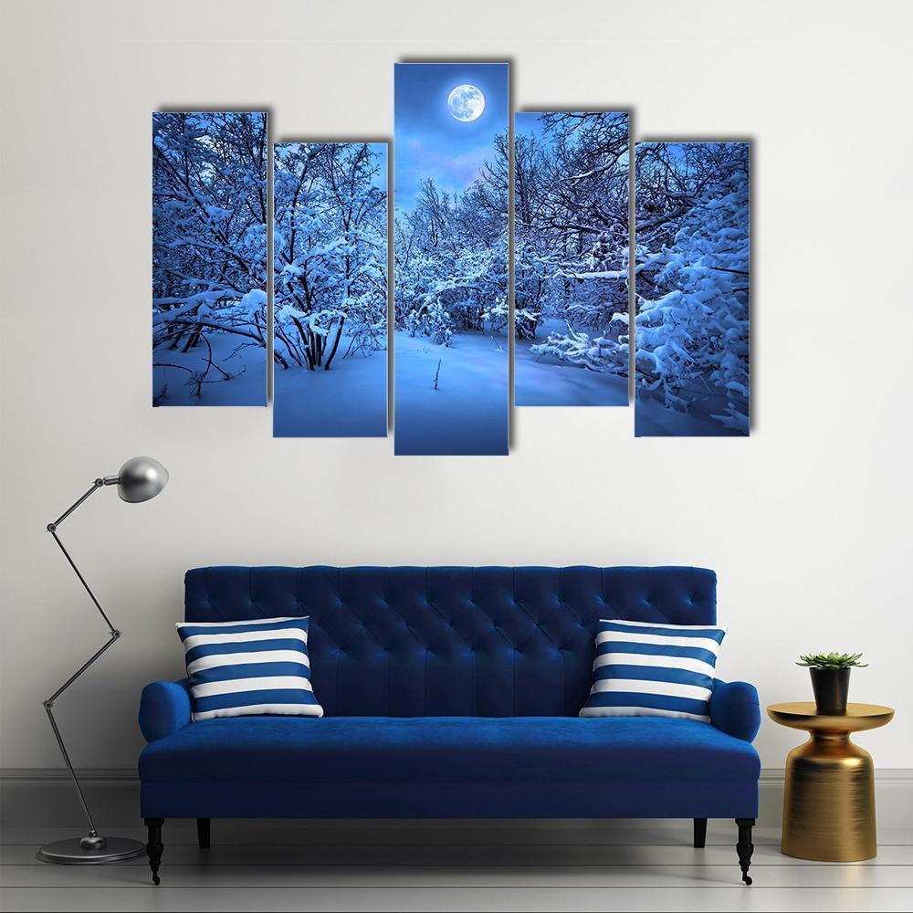 Moon Light In Winter Forest Canvas Wall Art-5 Pop-Gallery Wrap-47" x 32"-Tiaracle