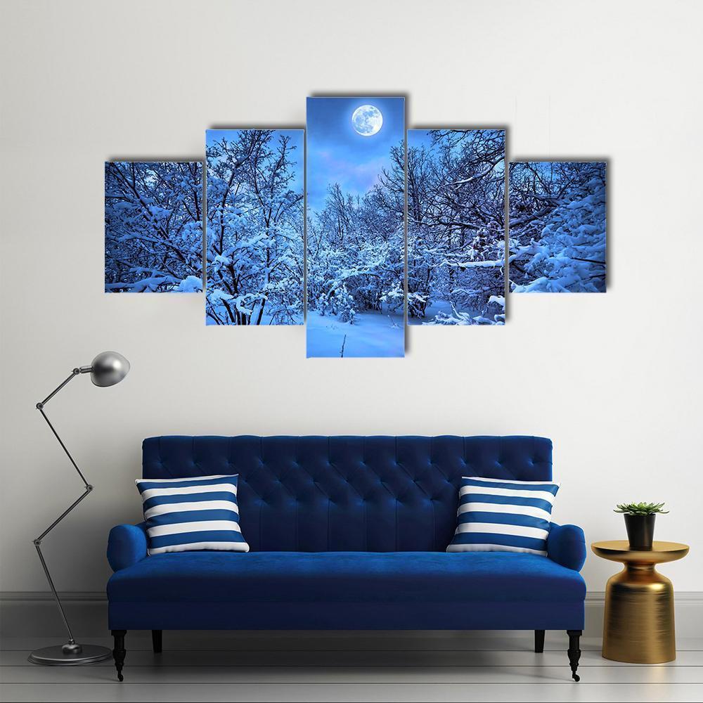 Moon Light In Winter Forest Canvas Wall Art-5 Star-Gallery Wrap-62" x 32"-Tiaracle