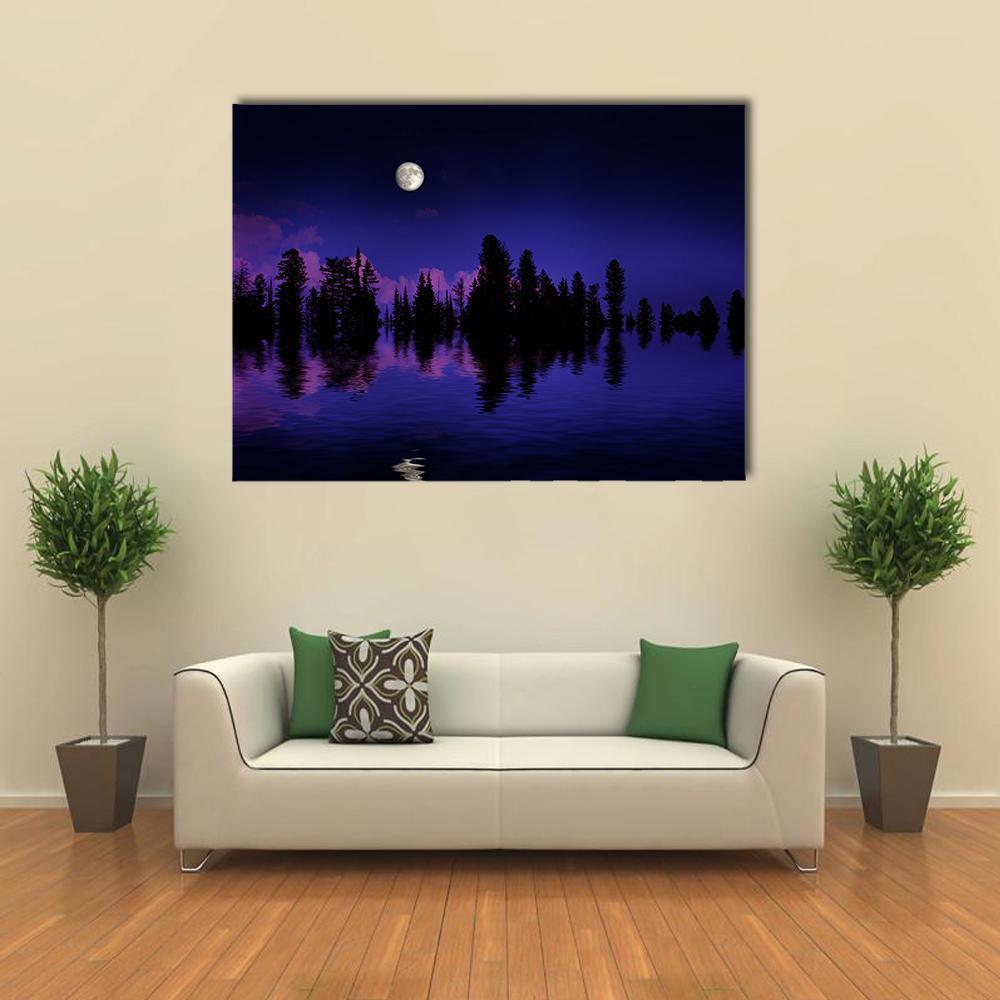 Moonrise Over Pine Trees and Lake Canvas Wall Art in black, blue and purple, single panel hung on a wall