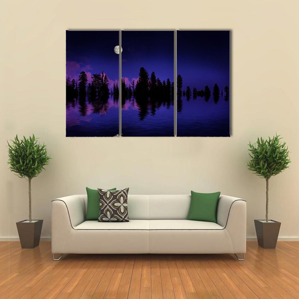 Moon Rise Over Pine Trees Canvas Wall Art-3 Horizontal-Gallery Wrap-37" x 24"-Tiaracle