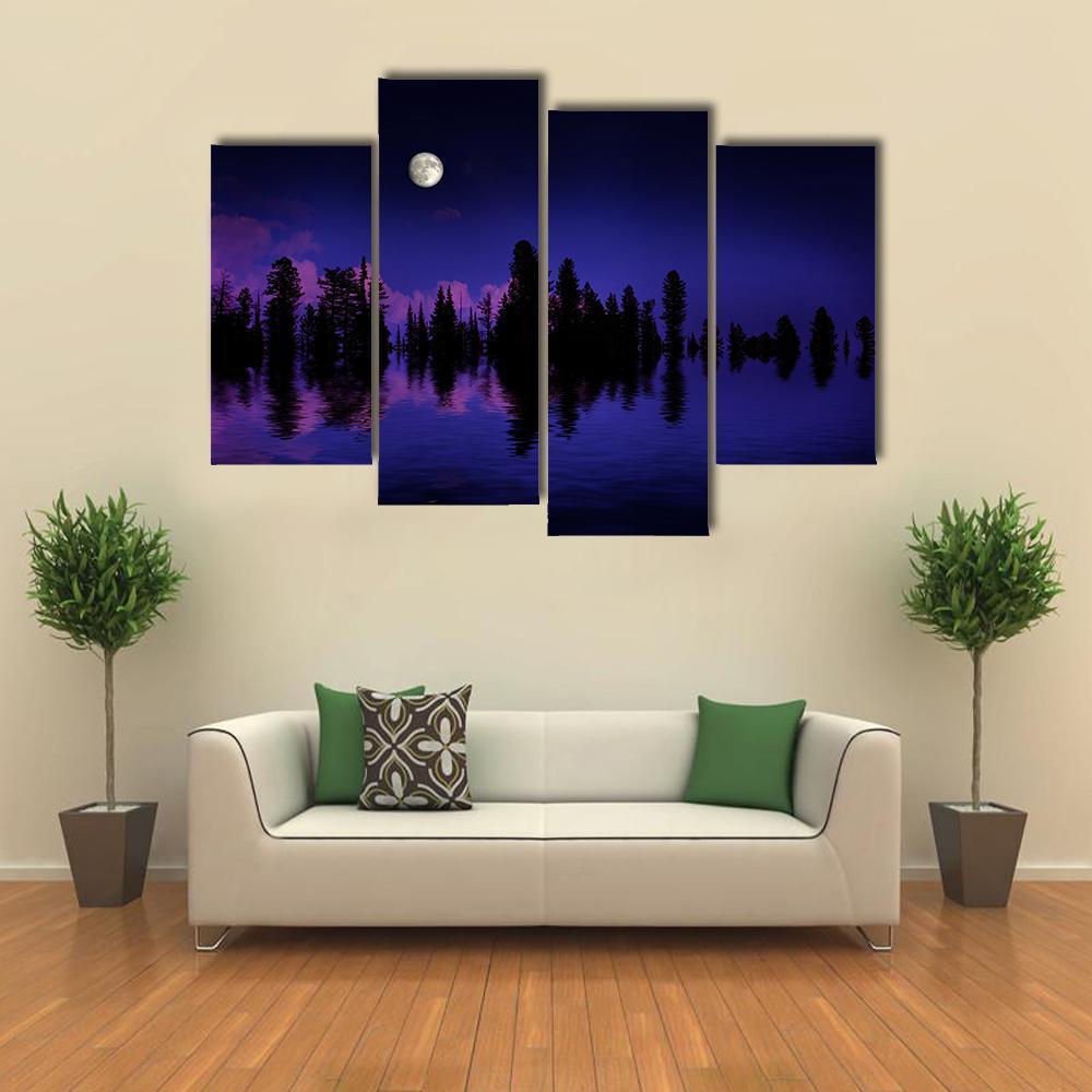 Moon Rise Over Pine Trees Canvas Wall Art-4 Pop-Gallery Wrap-50" x 32"-Tiaracle