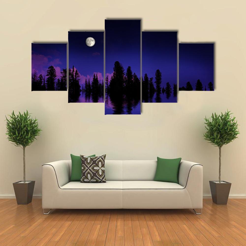 Moon Rise Over Pine Trees Canvas Wall Art-5 Star-Gallery Wrap-62" x 32"-Tiaracle