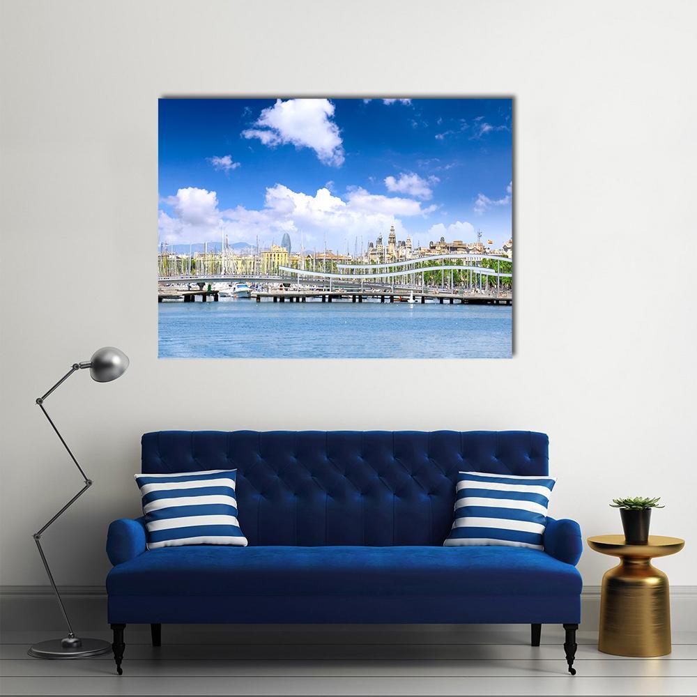 Yachts In Barcelona Sea Port Canvas Wall Art-1 Piece-Gallery Wrap-48" x 32"-Tiaracle