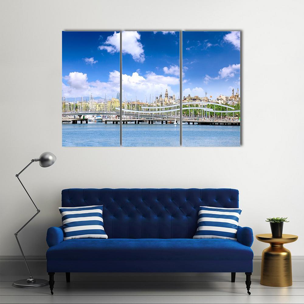 Yachts In Barcelona Sea Port Canvas Wall Art-3 Horizontal-Gallery Wrap-37" x 24"-Tiaracle