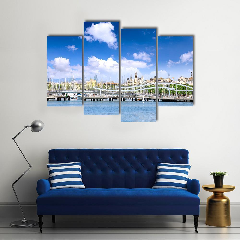 Yachts In Barcelona Sea Port Canvas Wall Art-4 Pop-Gallery Wrap-50" x 32"-Tiaracle
