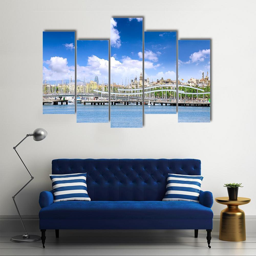 Yachts In Barcelona Sea Port Canvas Wall Art-5 Pop-Gallery Wrap-47" x 32"-Tiaracle