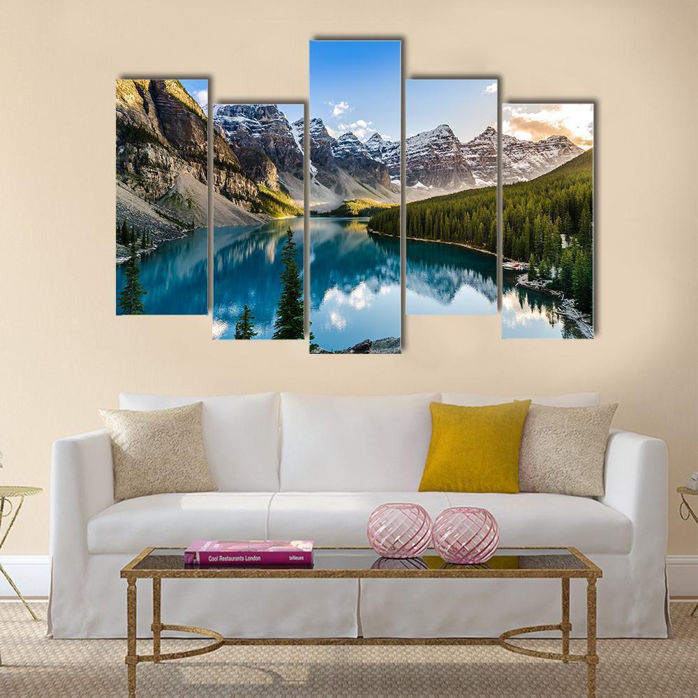 Moraine Lake &amp; Mountain Range Canvas Wall Art-5 Pop-Gallery Wrap-47&quot; x 32&quot;-Tiaracle
