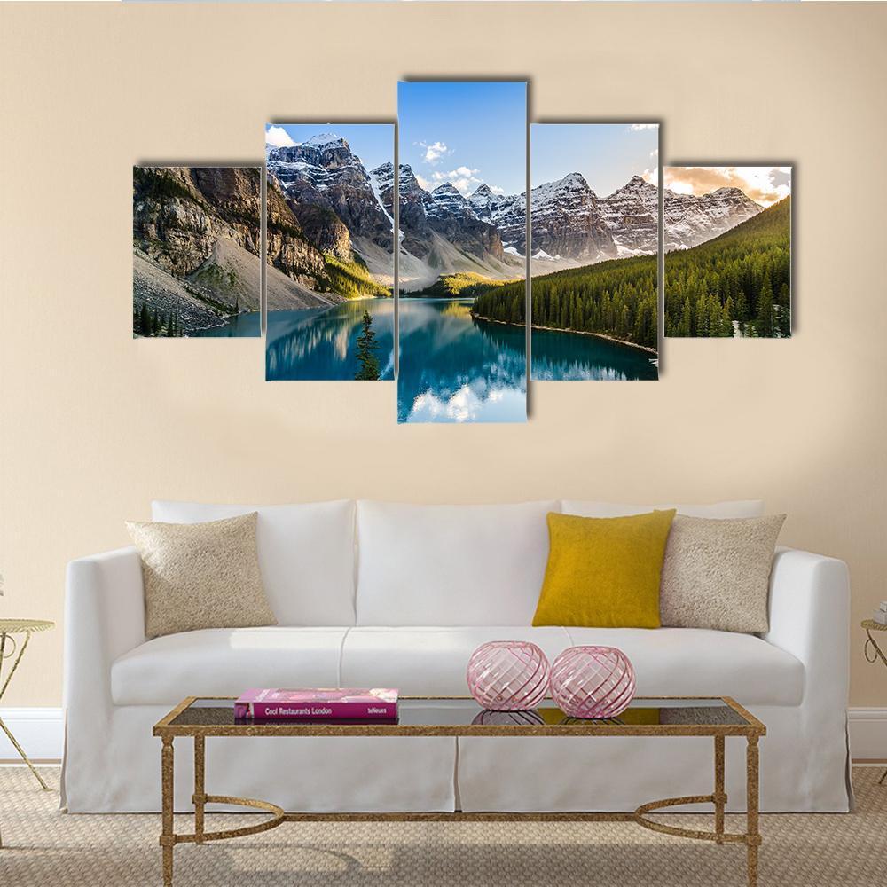 Moraine Lake &amp; Mountain Range Canvas Wall Art-5 Star-Gallery Wrap-62&quot; x 32&quot;-Tiaracle