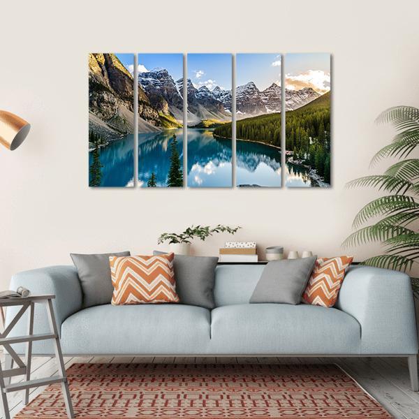 Moraine Lake &amp; Mountain Range Canvas Wall Art-5 Horizontal-Gallery Wrap-22" x 12"-Tiaracle