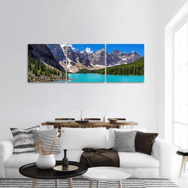 Turquoise Water Of Moraine Lake Panoramic Canvas Wall Art-3 Piece-25" x 08"-Tiaracle