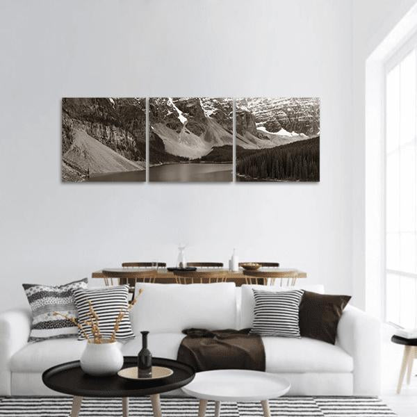Moraine Lake Landscape Panoramic Canvas Wall Art in black, white and gray, hung on a wall