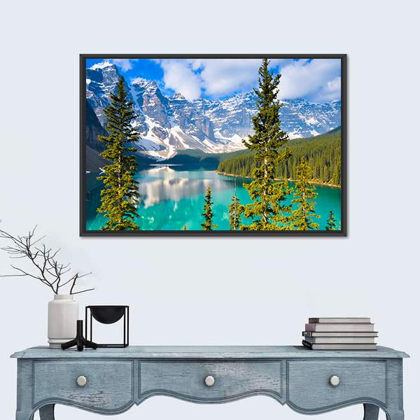 Moraine Lake In Rocky Mountains Canvas Wall Art-1 Piece-Floating Frame-24" x 16"-Tiaracle