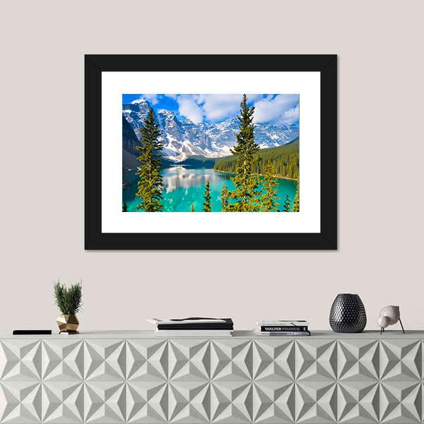 Moraine Lake In Rocky Mountains Canvas Wall Art-1 Piece-Framed Print-20" x 16"-Tiaracle