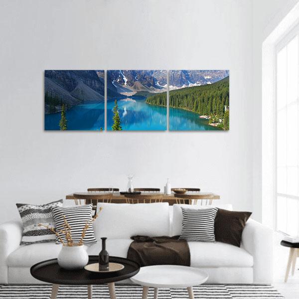 Moraine Lake In Canadian Rockies Panoramic Canvas Wall Art-3 Piece-25" x 08"-Tiaracle