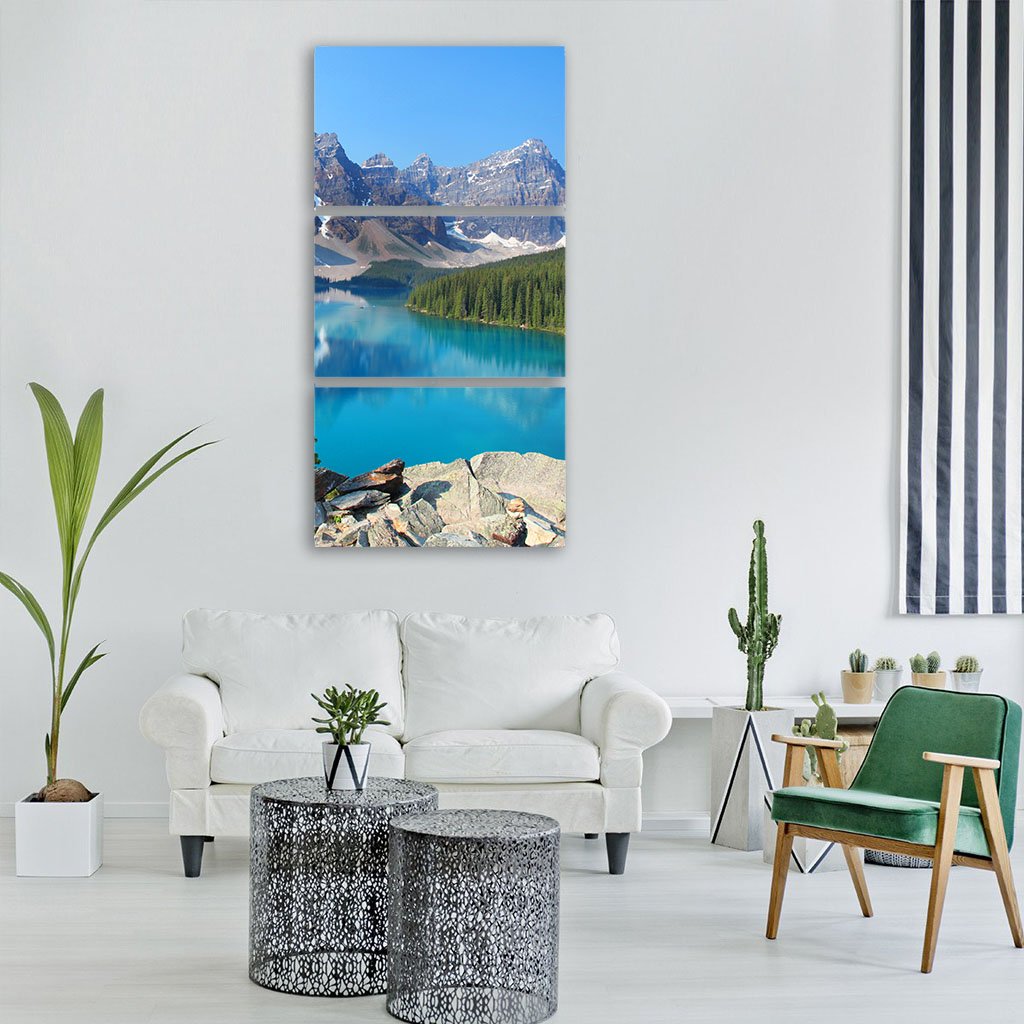 Moraine Lake In Canadian Rockies Vertical Canvas Wall Art-3 Vertical-Gallery Wrap-12" x 25"-Tiaracle