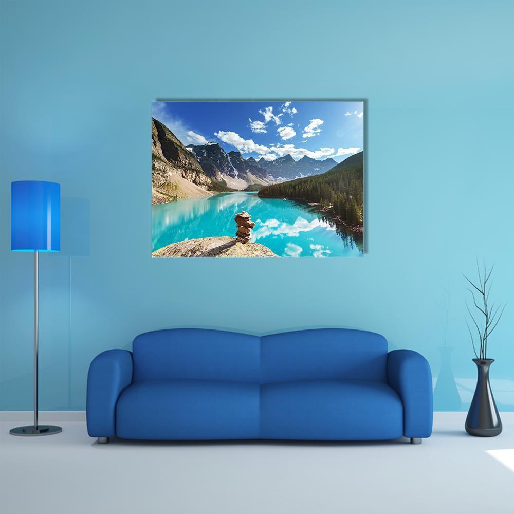 Moraine Lake Canvas Wall Art in white, gray and blue, single panel hung on a wall
