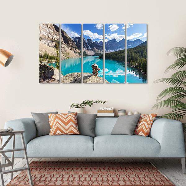 Moraine Lake Under Clouds Canvas Wall Art-5 Horizontal-Gallery Wrap-22" x 12"-Tiaracle