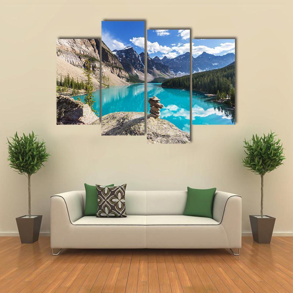 Moraine Lake Under Clouds Canvas Wall Art-4 Pop-Gallery Wrap-50" x 32"-Tiaracle