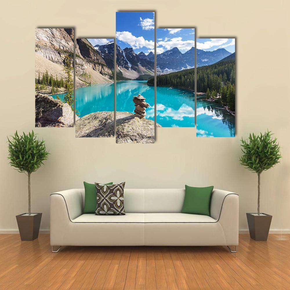Moraine Lake Under Clouds Canvas Wall Art-5 Pop-Gallery Wrap-47" x 32"-Tiaracle