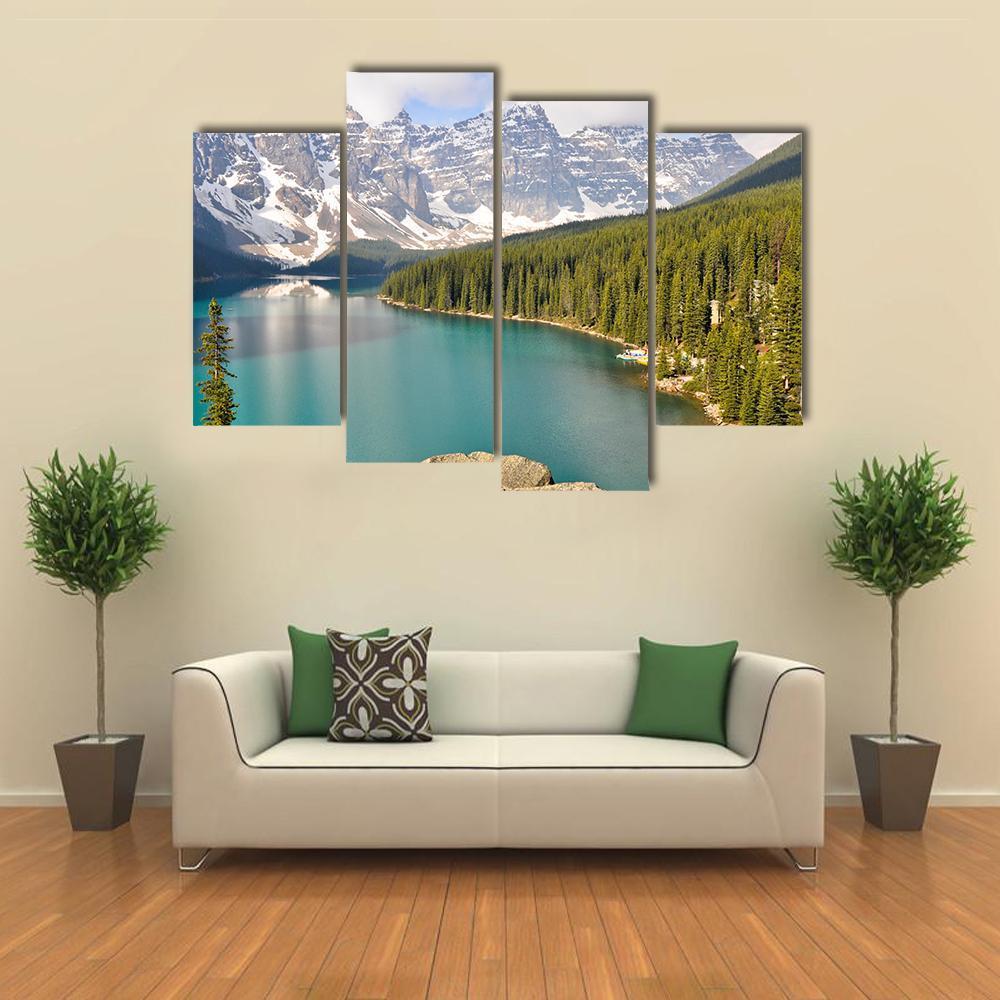 Moraine Lake With Rocky Mountains Canvas Wall Art-4 Pop-Gallery Wrap-50" x 32"-Tiaracle