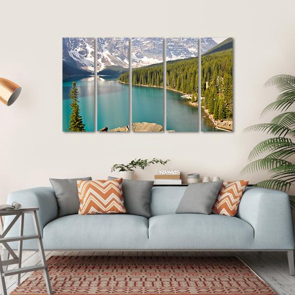 Moraine Lake With Rocky Mountains Canvas Wall Art-5 Horizontal-Gallery Wrap-22" x 12"-Tiaracle
