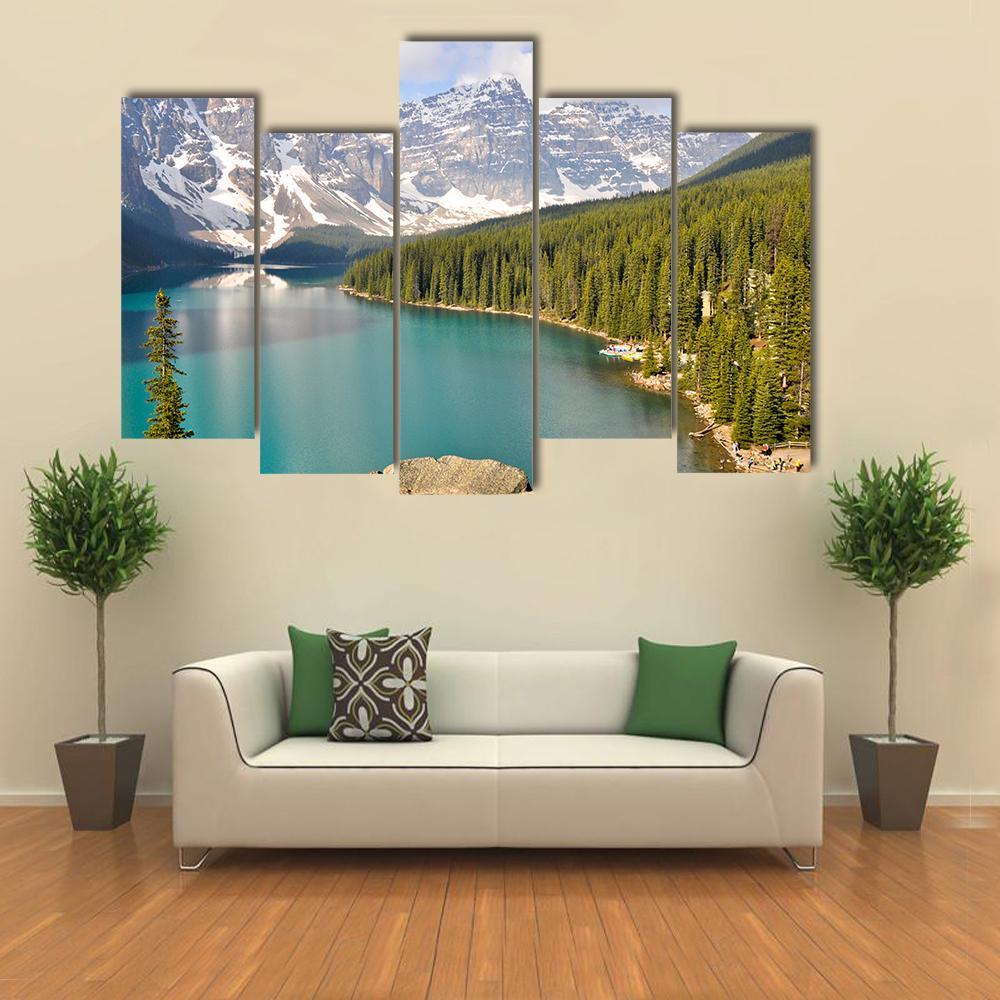 Moraine Lake With Rocky Mountains Canvas Wall Art-5 Pop-Gallery Wrap-47" x 32"-Tiaracle
