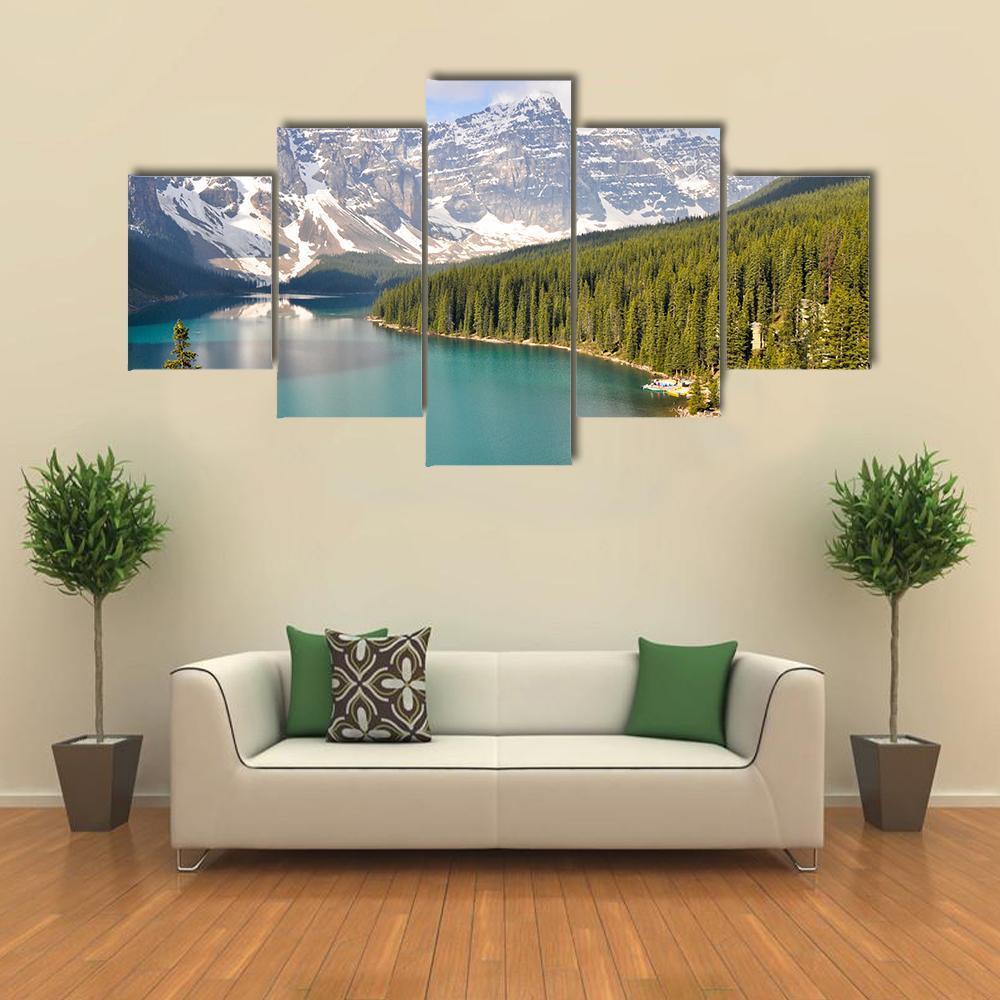 Moraine Lake With Rocky Mountains Canvas Wall Art-5 Star-Gallery Wrap-62" x 32"-Tiaracle
