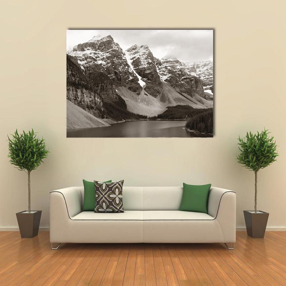 Moraine Lake Winter Landscape Canvas Wall Art in black, white and gray, single panel hung on a wall