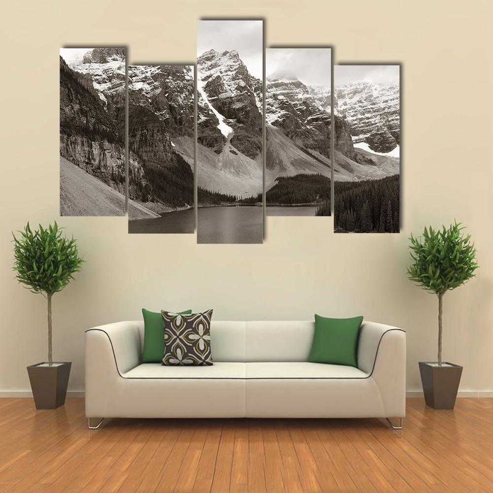 Lake Moraine In Canada Mountain Canvas Wall Art-5 Pop-Gallery Wrap-47" x 32"-Tiaracle